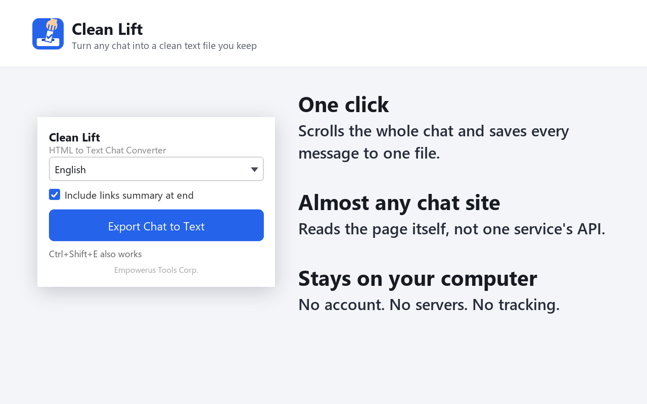 The Clean Lift popup, with a language selector, a links-summary checkbox and an Export button