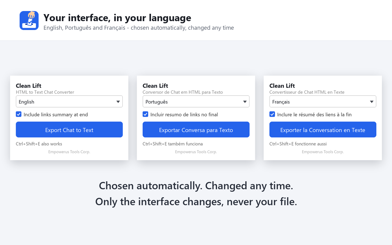 The Clean Lift popup shown in English, Portuguese and French