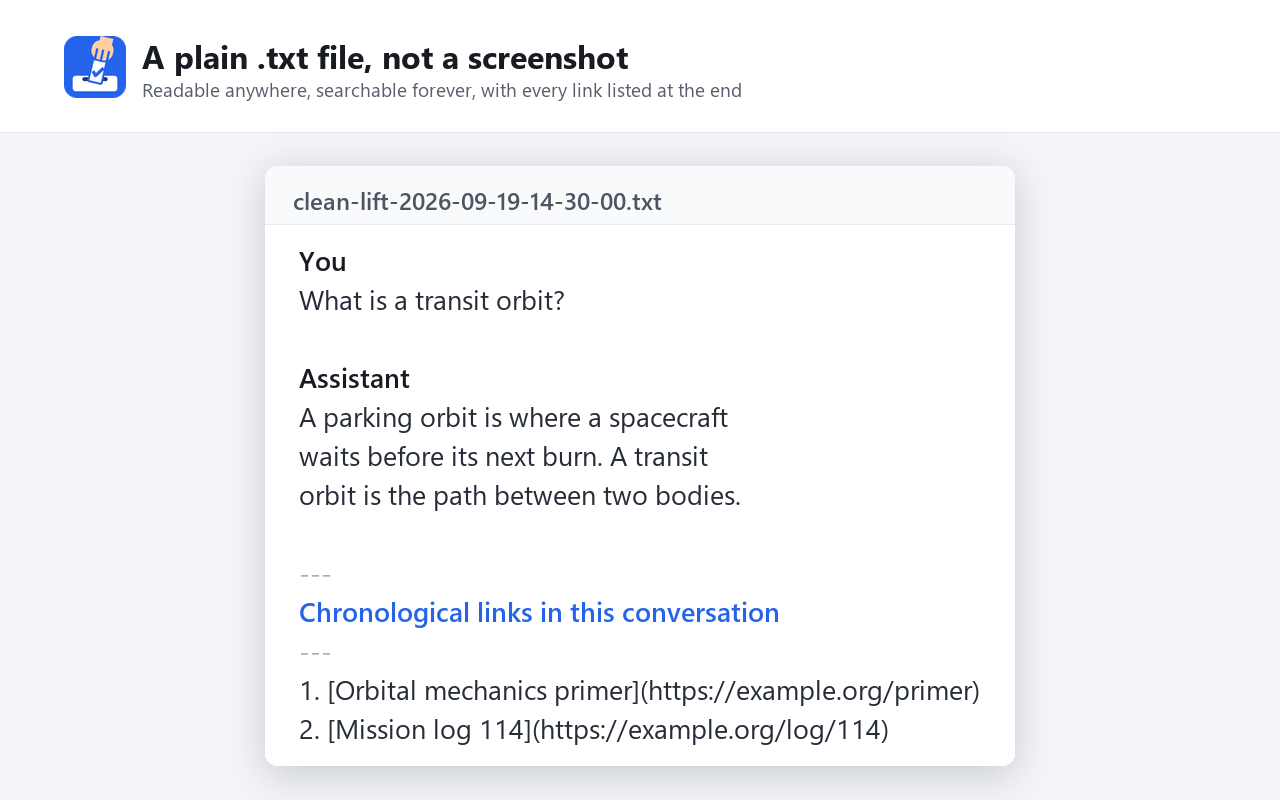 An exported text file showing the conversation followed by a numbered list of every link